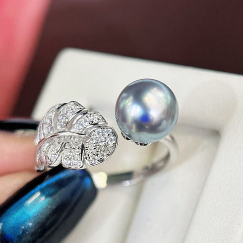 7-8mm Silver Blue Akoya Pearl Zirconia Feather Open Ring